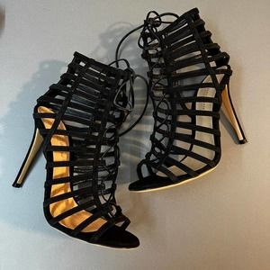 Gianvito Rossi Suede Caged Lace-Up Sandal BLACK 39